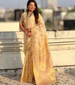 Beige woven zari floral & traditional motifs work silk blend fabric  traditional festive style