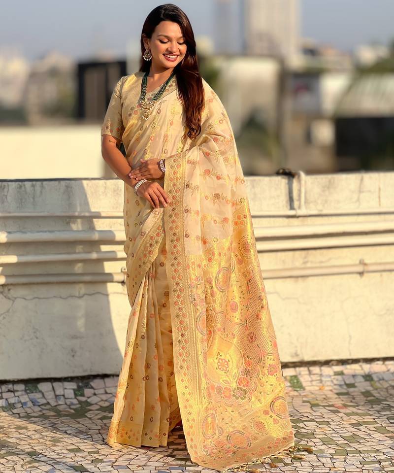 Beige woven zari floral & traditional motifs work silk blend fabric  traditional festive style
