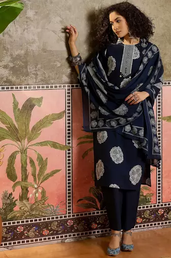 Blue printed kurta with trousers & dupatta set