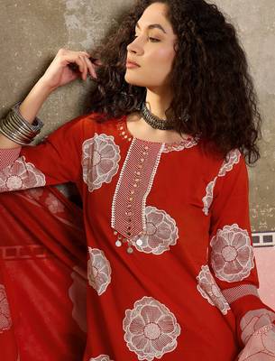 Rust orange printed kurta with trousers & dupatta set 5