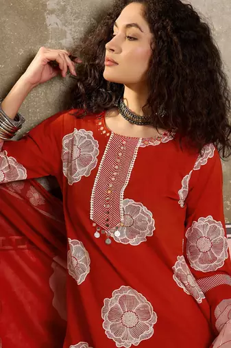 Rust orange printed kurta with trousers & dupatta set