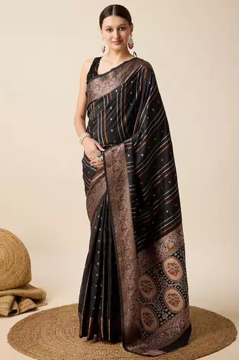 Black woven embellished self design pure silk kanjivaram saree with blouse