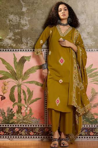Mustard printed kurta with trousers & dupatta set