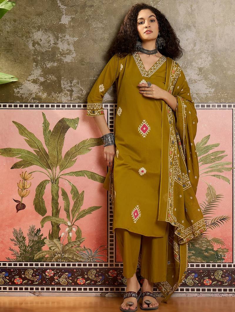 Mustard printed kurta with trousers & dupatta set