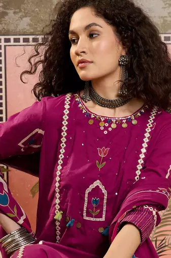 Wine printed kurta with trousers & dupatta set