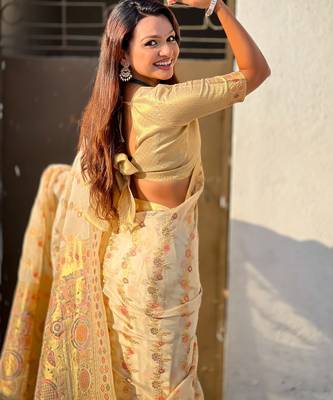 Beige woven zari floral & traditional motifs work silk blend fabric  traditional festive style 3