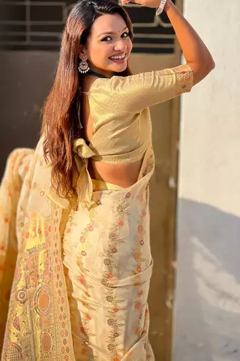 Beige woven zari floral & traditional motifs work silk blend fabric  traditional festive style