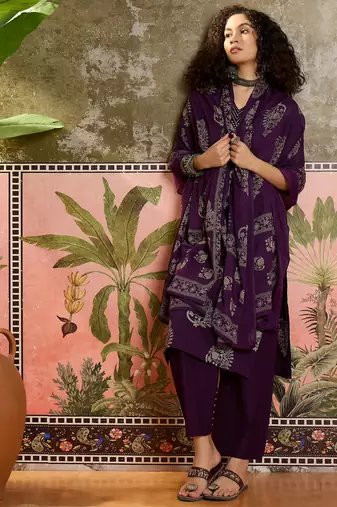 Purple printed kurta with trousers & dupatta set