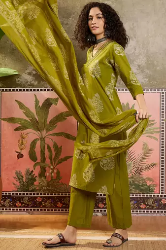Green printed kurta with trousers & dupatta set