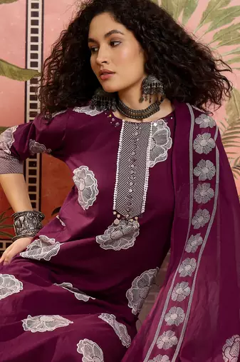 Wine printed kurta with trousers & dupatta set