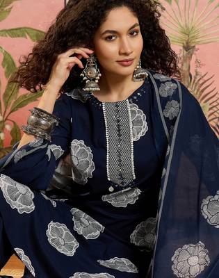Blue printed kurta with trousers & dupatta set 5