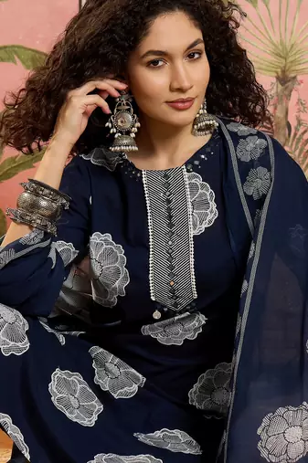 Blue printed kurta with trousers & dupatta set