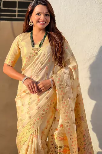 Beige woven zari floral & traditional motifs work silk blend fabric  traditional festive style