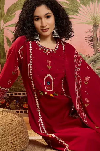 Red printed kurta with trousers & dupatta set