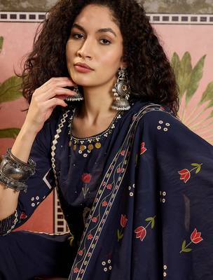 Blue printed kurta with trousers & dupatta set 5