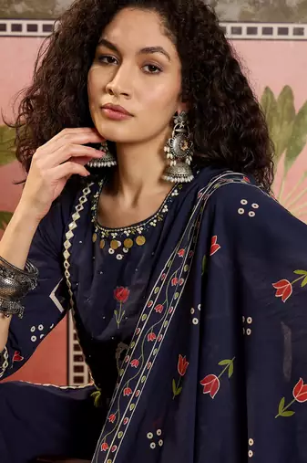 Blue printed kurta with trousers & dupatta set