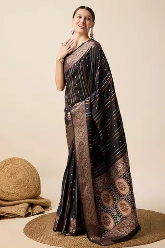 Black woven embellished self design pure silk kanjivaram saree with blouse