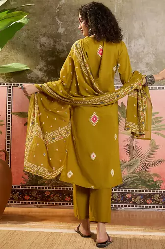 Mustard printed kurta with trousers & dupatta set