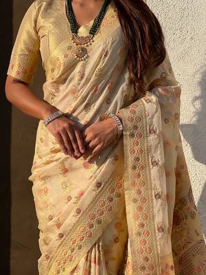 Beige woven zari floral & traditional motifs work silk blend fabric  traditional festive style 5