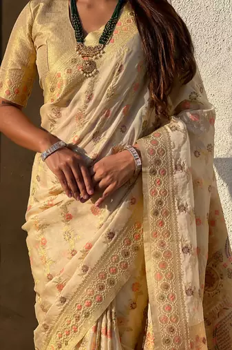 Beige woven zari floral & traditional motifs work silk blend fabric  traditional festive style