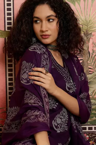 Purple printed kurta with trousers & dupatta set