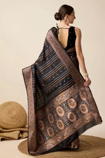 Black woven embellished self design pure silk kanjivaram saree with blouse