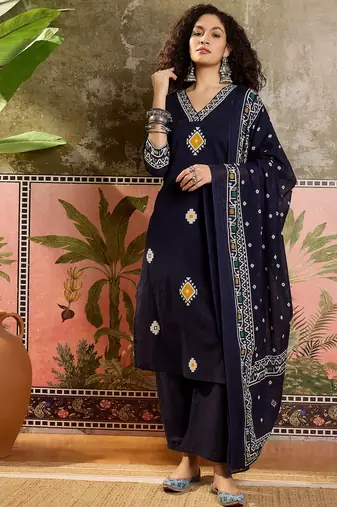 Blue printed kurta with trousers & dupatta set