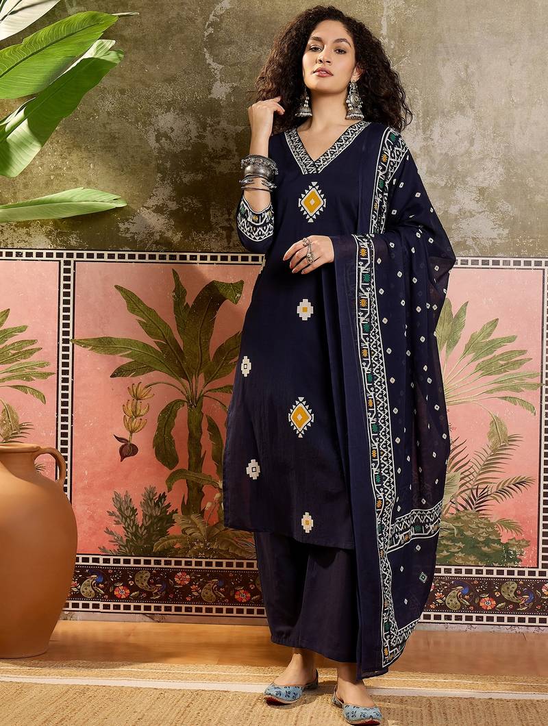 Blue printed kurta with trousers & dupatta set