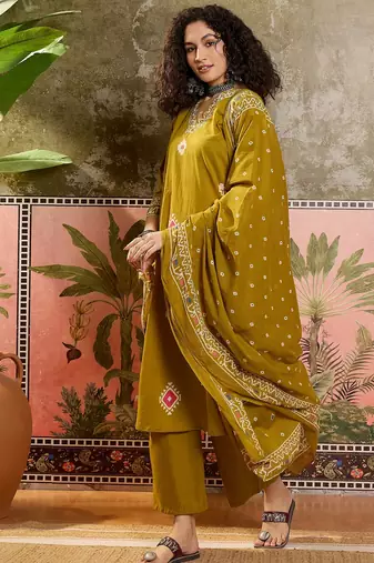 Mustard printed kurta with trousers & dupatta set