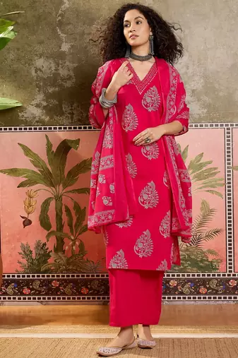 Pink printed kurta with trousers & dupatta set