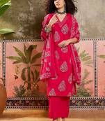 Pink printed kurta with trousers & dupatta set