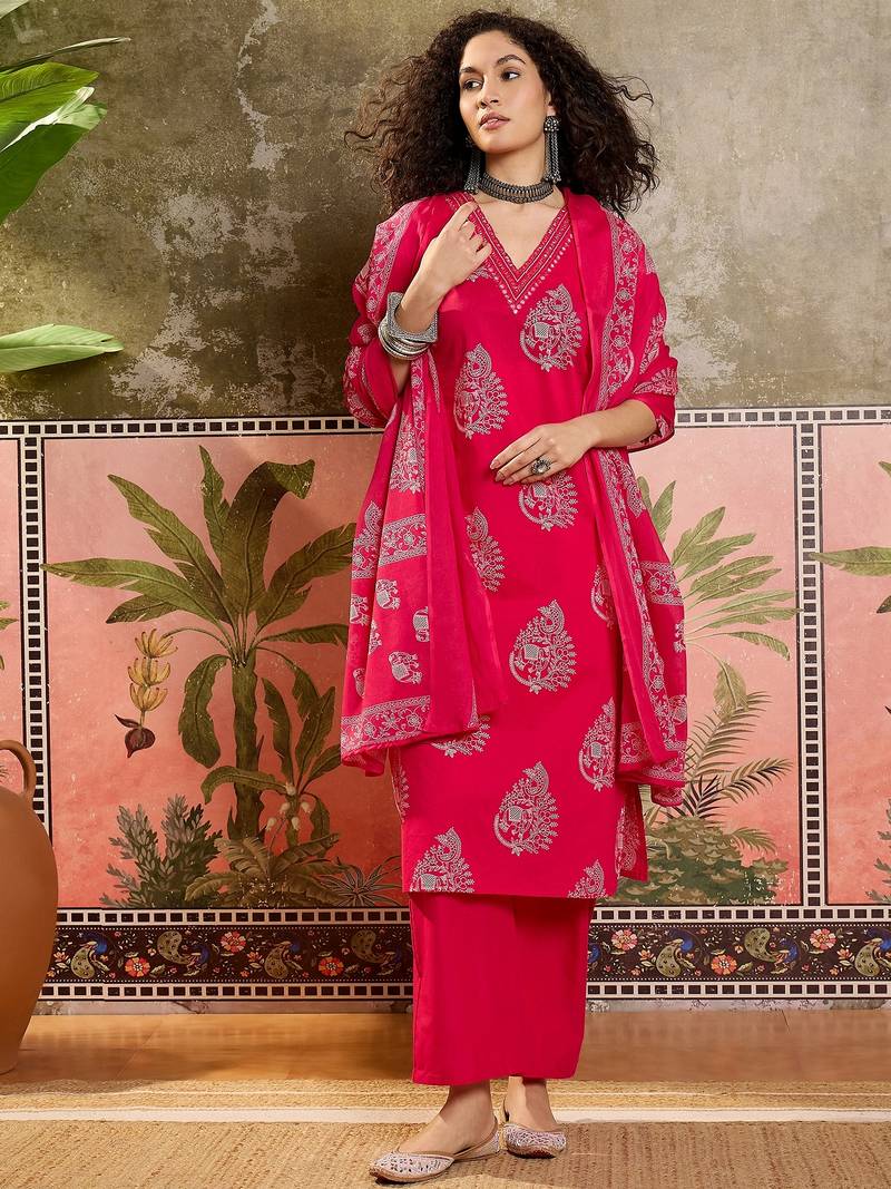 Pink printed kurta with trousers & dupatta set