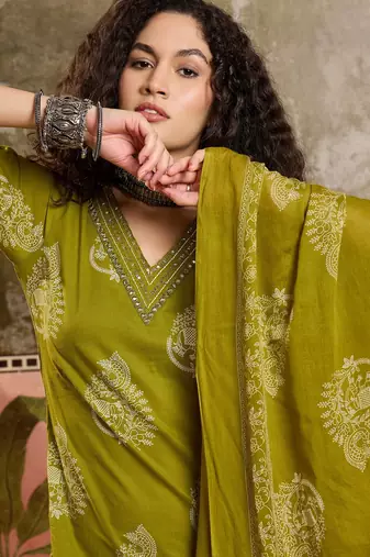 Green printed kurta with trousers & dupatta set