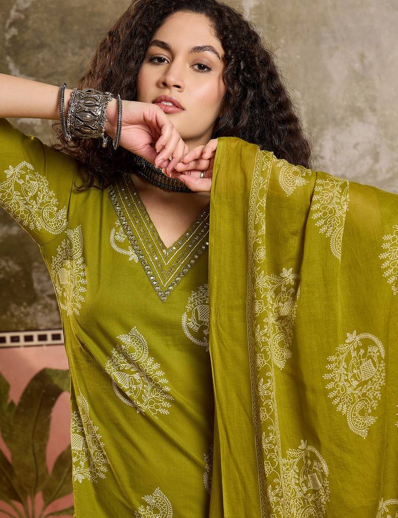 Green printed kurta with trousers & dupatta set