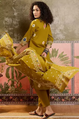 Mustard printed kurta with trousers & dupatta set