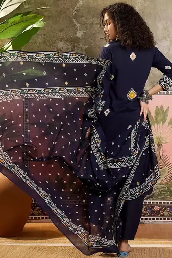 Blue printed kurta with trousers & dupatta set