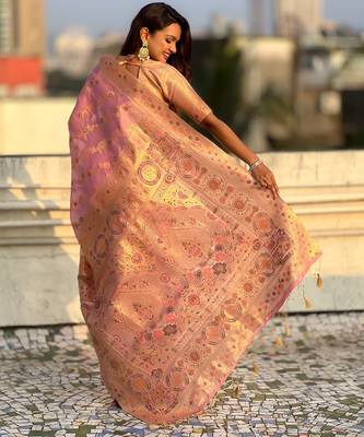 Pink woven zari floral & traditional motifs work silk blend fabric  traditional festive style 2