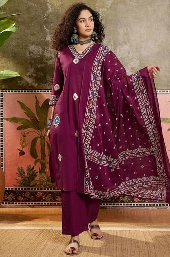 Wine printed kurta with trousers & dupatta set