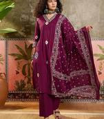 Wine printed kurta with trousers & dupatta set