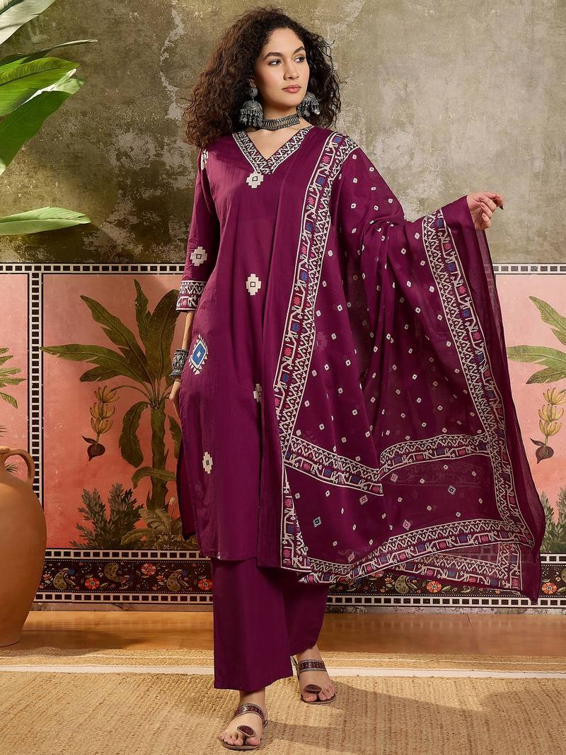 Wine printed kurta with trousers & dupatta set