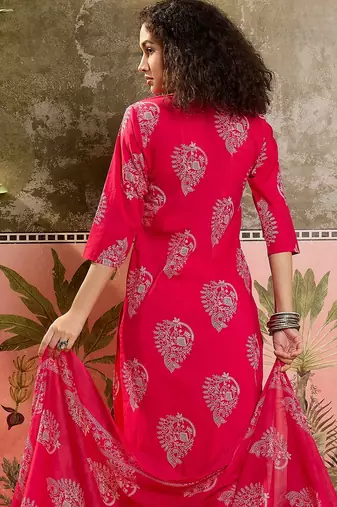 Pink printed kurta with trousers & dupatta set