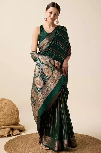 Green woven embellished self design pure silk kanjivaram saree with blouse