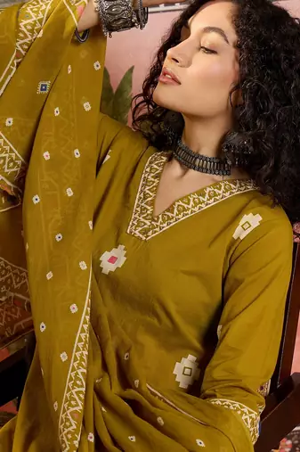 Mustard printed kurta with trousers & dupatta set