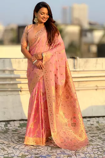 Pink woven zari floral & traditional motifs work silk blend fabric  traditional festive style