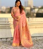 Pink woven zari floral & traditional motifs work silk blend fabric  traditional festive style