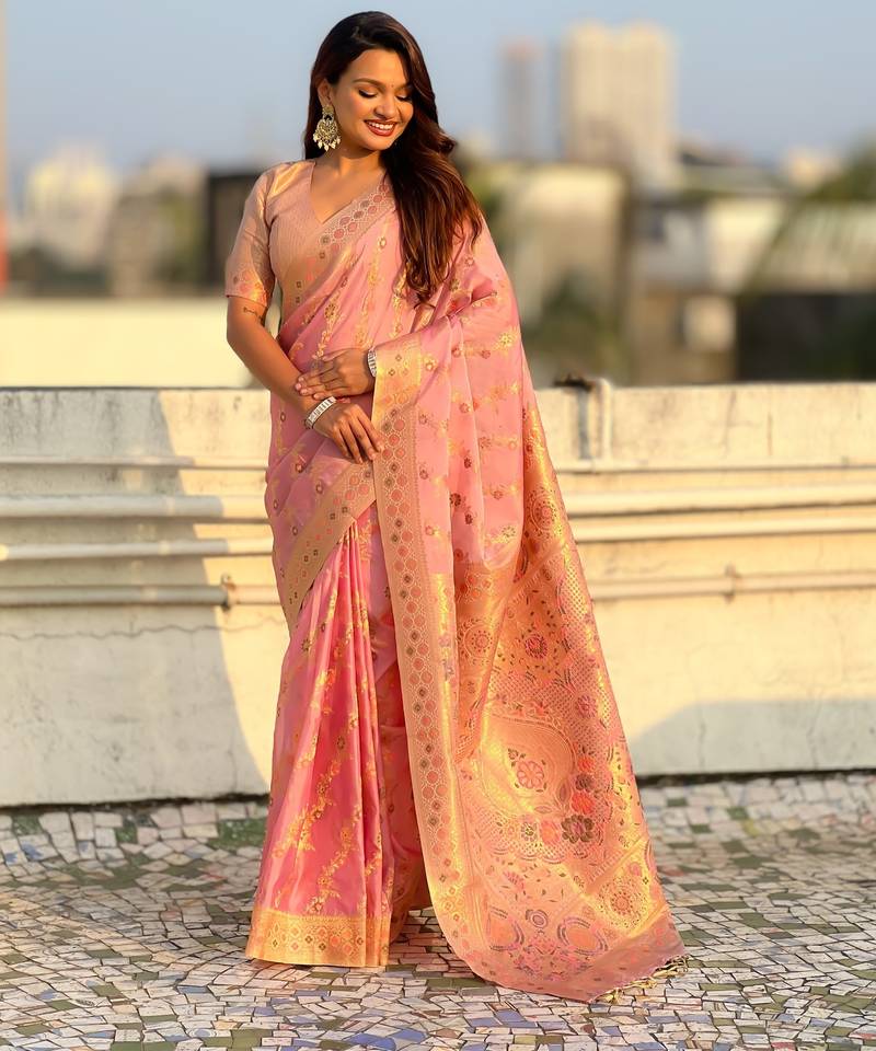 Pink woven zari floral & traditional motifs work silk blend fabric  traditional festive style