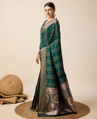 Green woven embellished self design silk blend saree with blouse 3