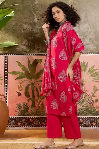 Pink printed kurta with trousers & dupatta set