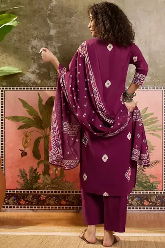 Wine printed kurta with trousers & dupatta set