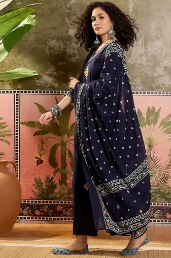 Blue printed kurta with trousers & dupatta set